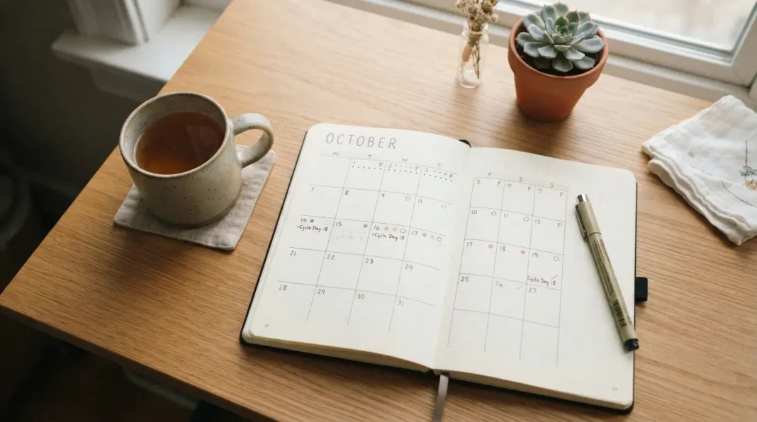 A calendar and pen resting on a table, representing the tracking of a menstrual cycle.