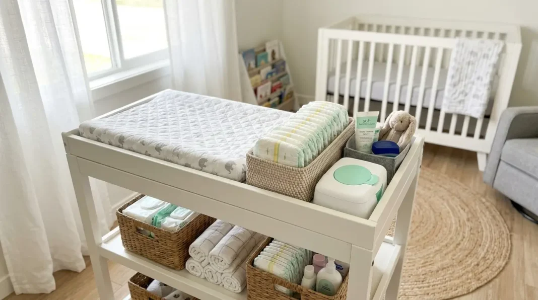 A well-organized changing station stocked with newborn diapers and wipes.