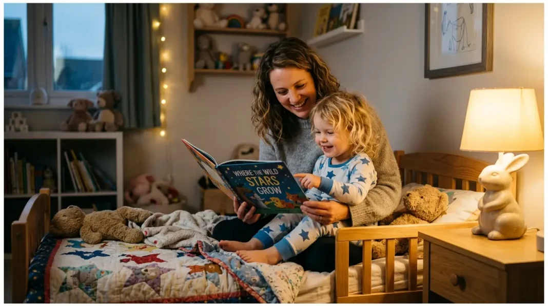 A mother is sitting comfortably on the edge of a small bed