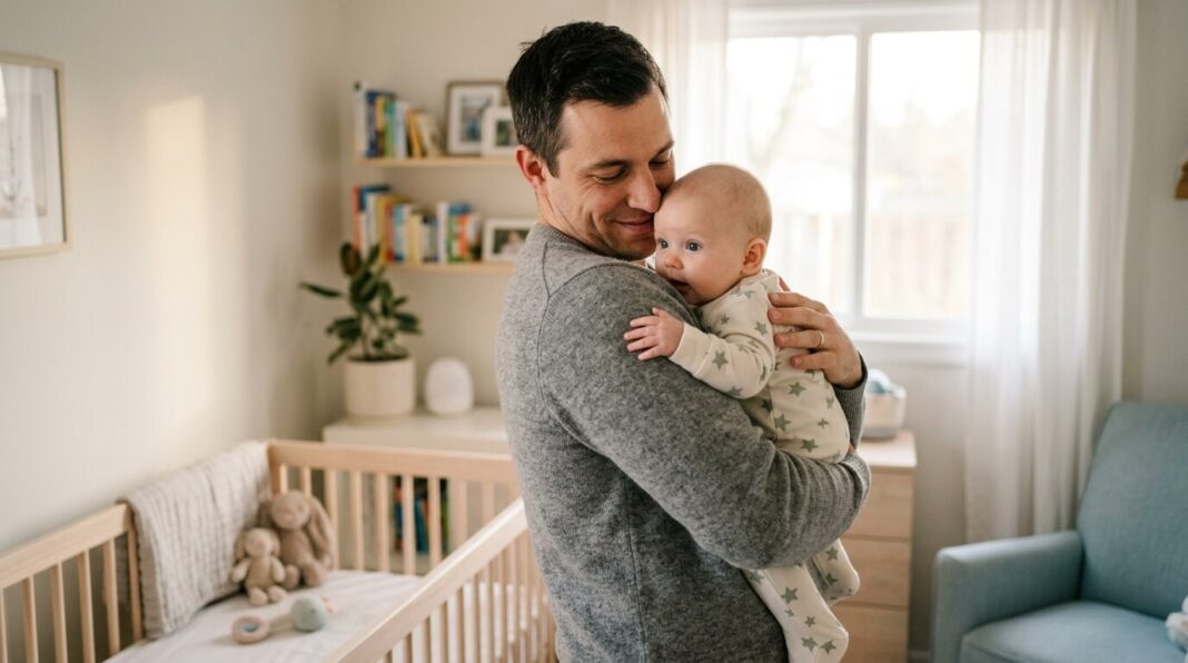 Parent holding a baby upright after feeding to help them burp