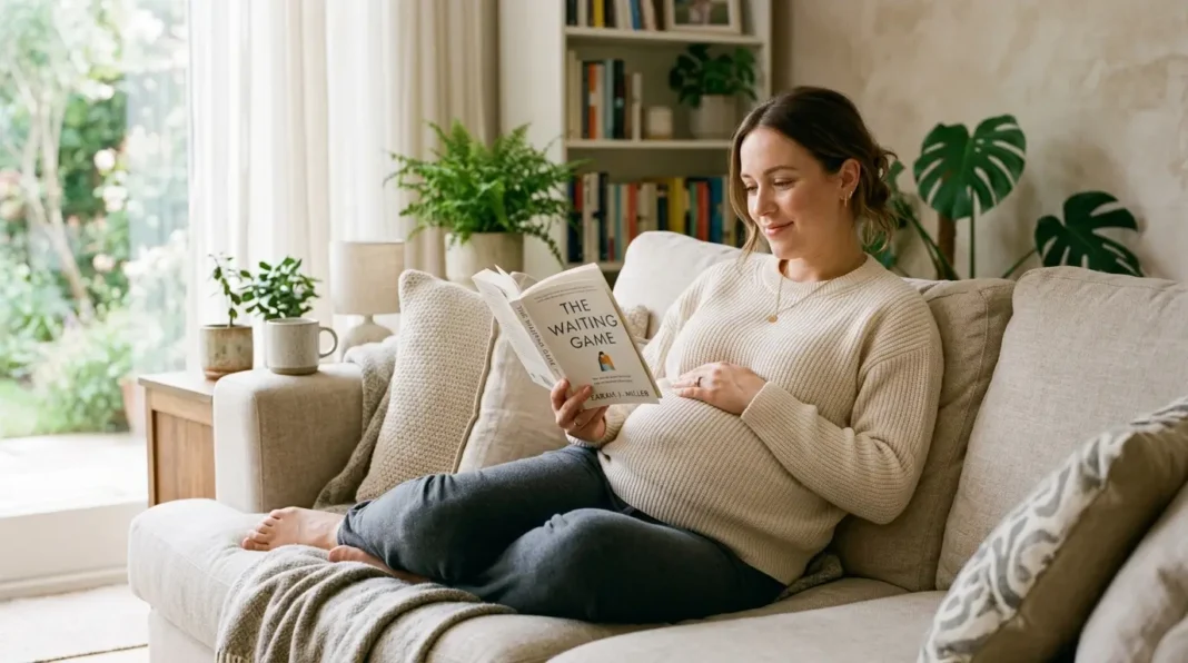 A pregnant woman resting comfortably on a sofa with her hands gently resting on her lower stomach.