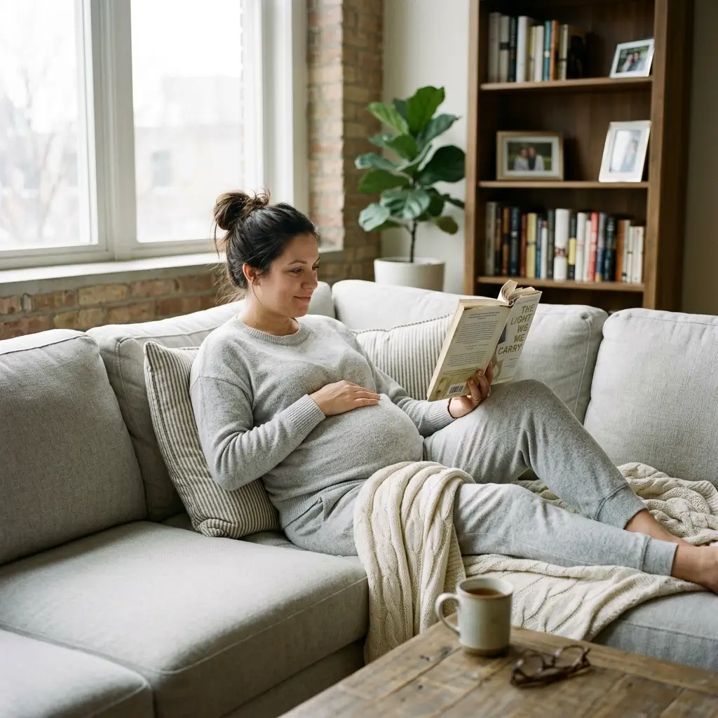 A pregnant woman resting comfortably on a sofa with her hands gently resting on her lower stomach.