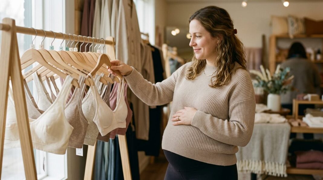 A pregnant woman browsing a selection of soft, wire-free maternity and nursing bras.