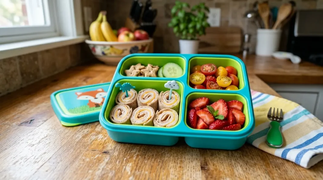A divided bento box packed with turkey roll-ups, sliced strawberries, and halved tomatoes for a toddler lunch.