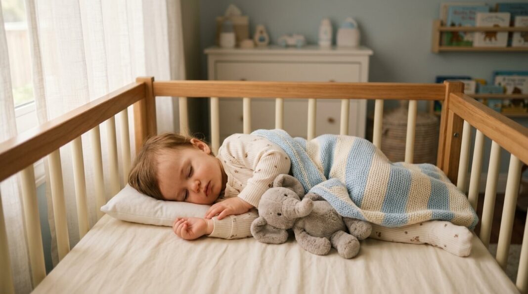 toddler sleeping peacefully in a crib inside a cozy nursery room.