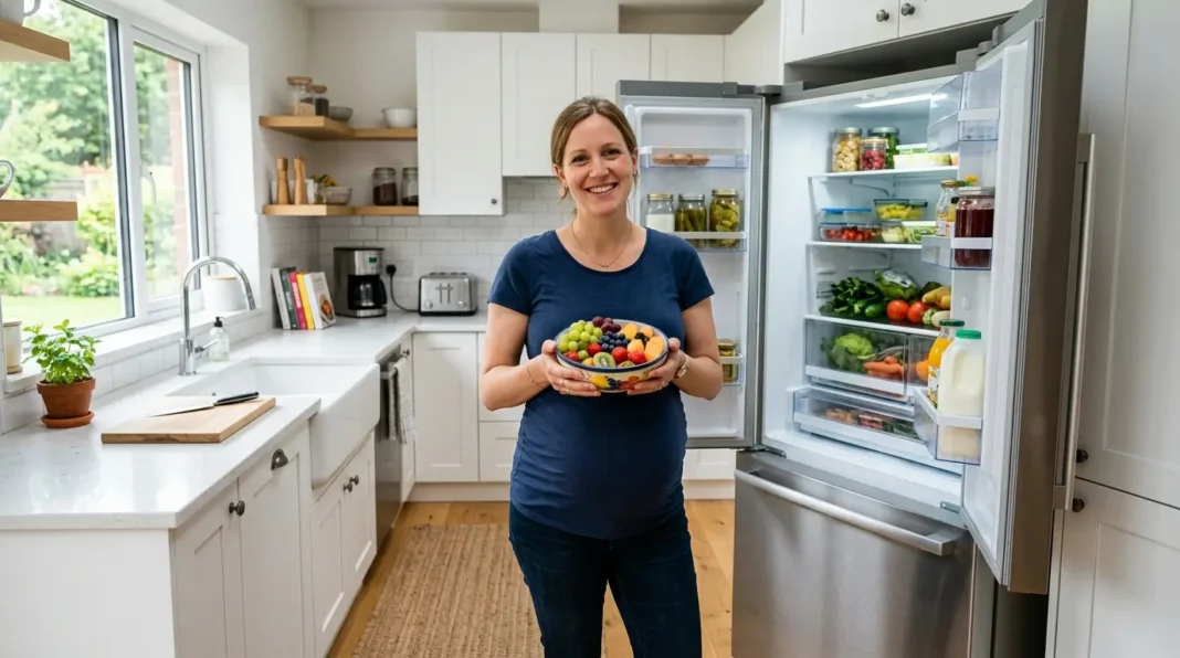 A pregnant woman choosing a healthy snack from an open refrigerator.