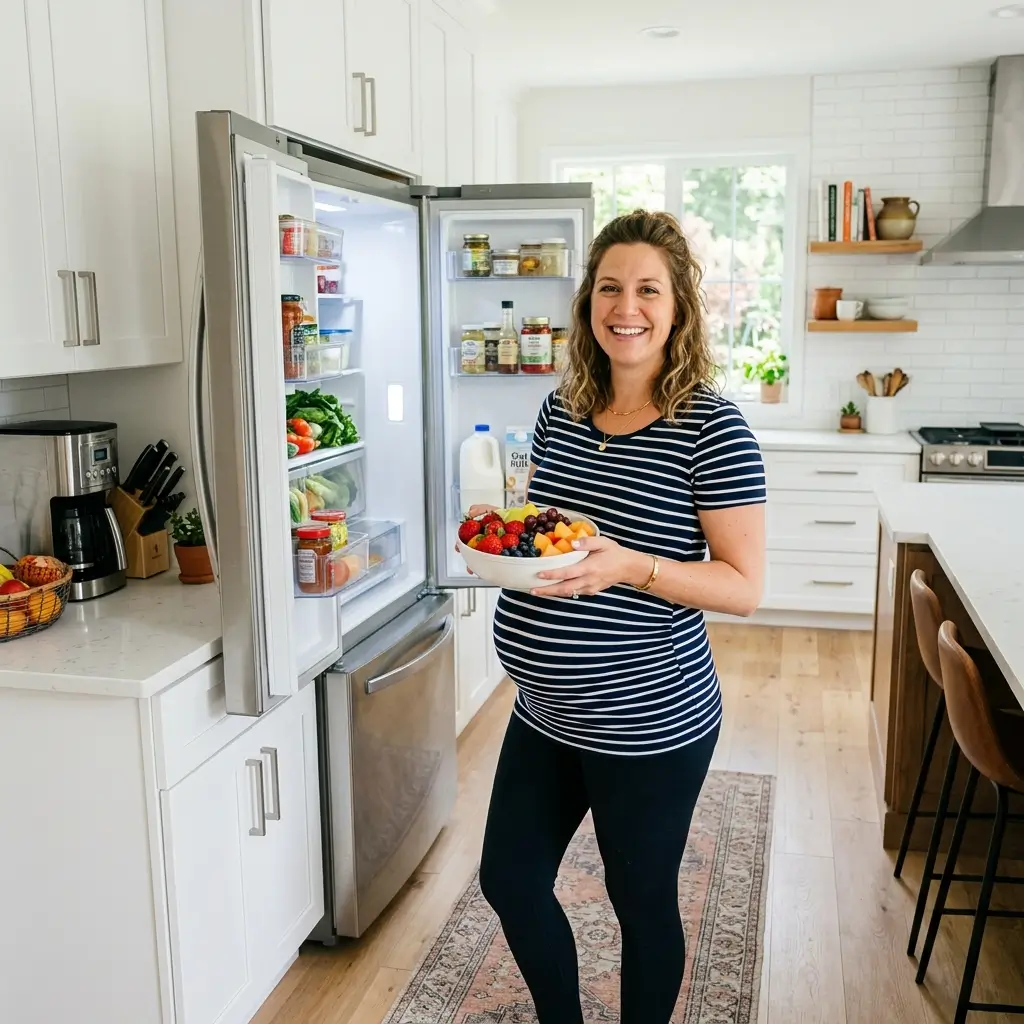 A pregnant woman choosing a healthy snack from an open refrigerator.