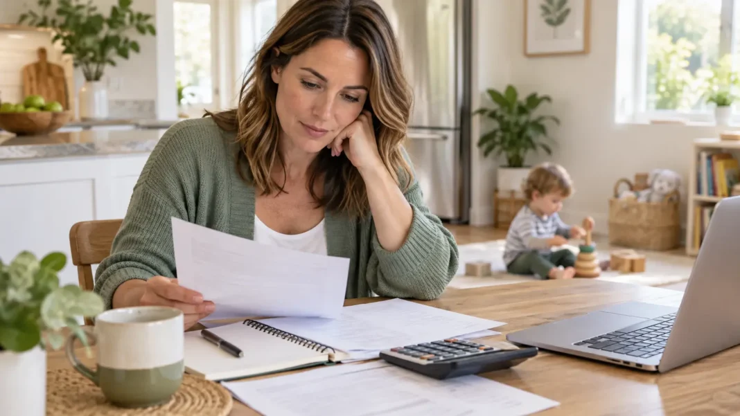 Parent reviewing daycare expenses at a kitchen table while a young child plays nearby
